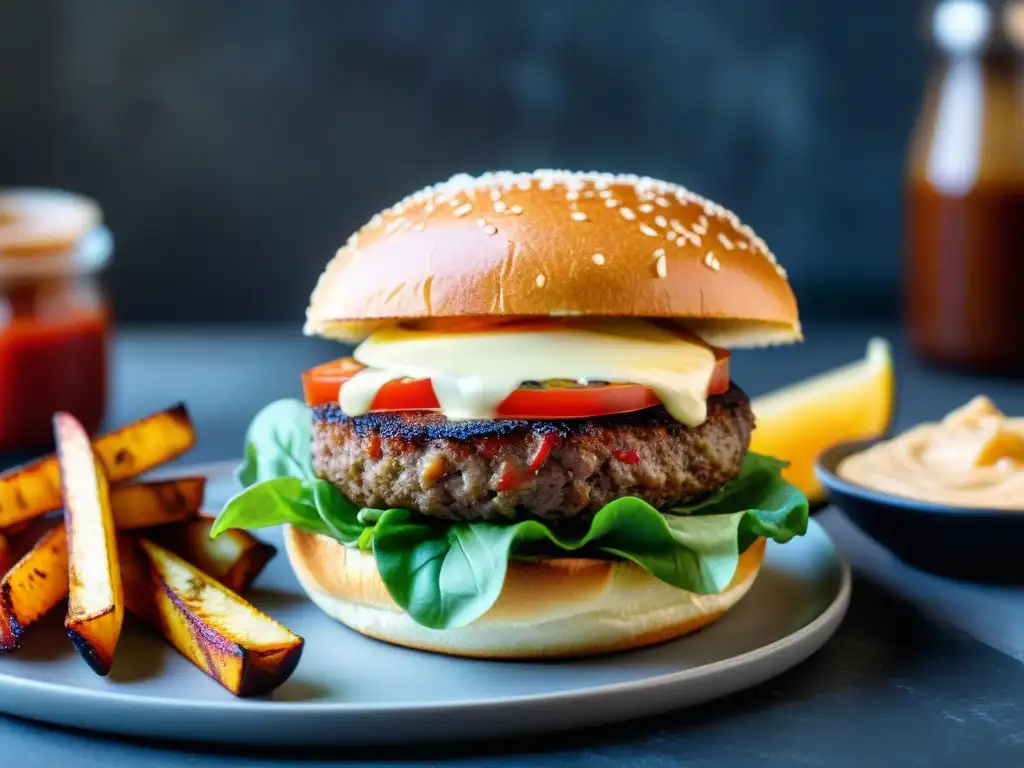 Deliciosa hamburguesa gourmet vegana con queso fundido y salsa de trufa, servida con papas fritas de batata