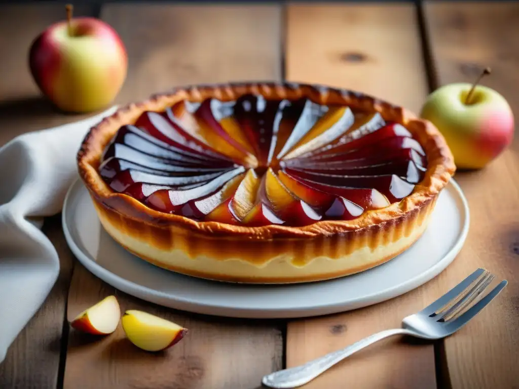 Deliciosa Tarta Tatin recién horneada en una mesa rústica, con manzanas caramelizadas brillantes y masa dorada