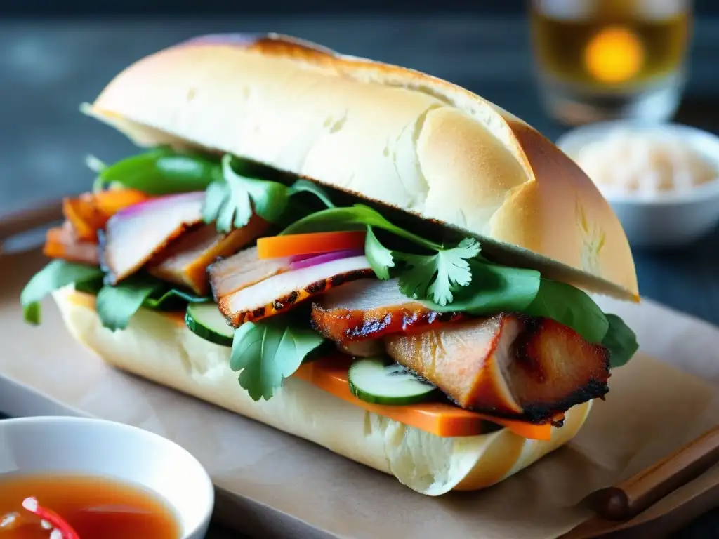 Una deliciosa imagen detallada de un Sándwich Bánh Mì recién armado, resaltando sus colores y texturas vibrantes