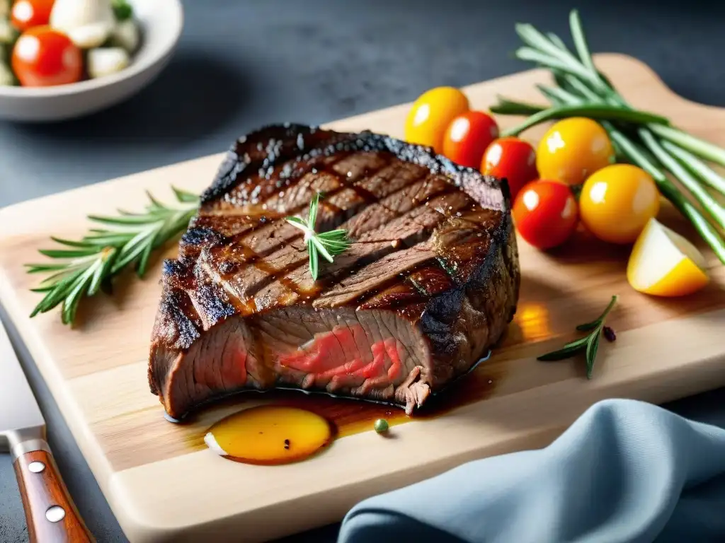 Deliciosa imagen de un suculento ribeye perfectamente cocido en una tabla de madera, rodeado de vegetales a la parrilla