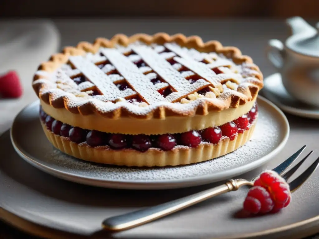 Una deliciosa Linzer Torte con mermelada de frambuesa, en una escena cálida de cocina