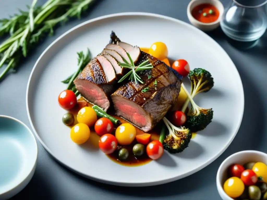 Una deliciosa pieza de cordero al vacío con hierbas del Mediterráneo, rodeada de verduras asadas, en una elegante presentación