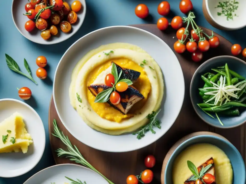 Deliciosa polenta gourmet mediterránea en mesa rústica con vegetales y pollo a la parrilla