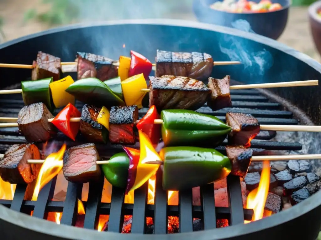 Deliciosa barbacoa Portuguesa espetada Madeirense cocinándose a la parrilla con vegetales y carne jugosa