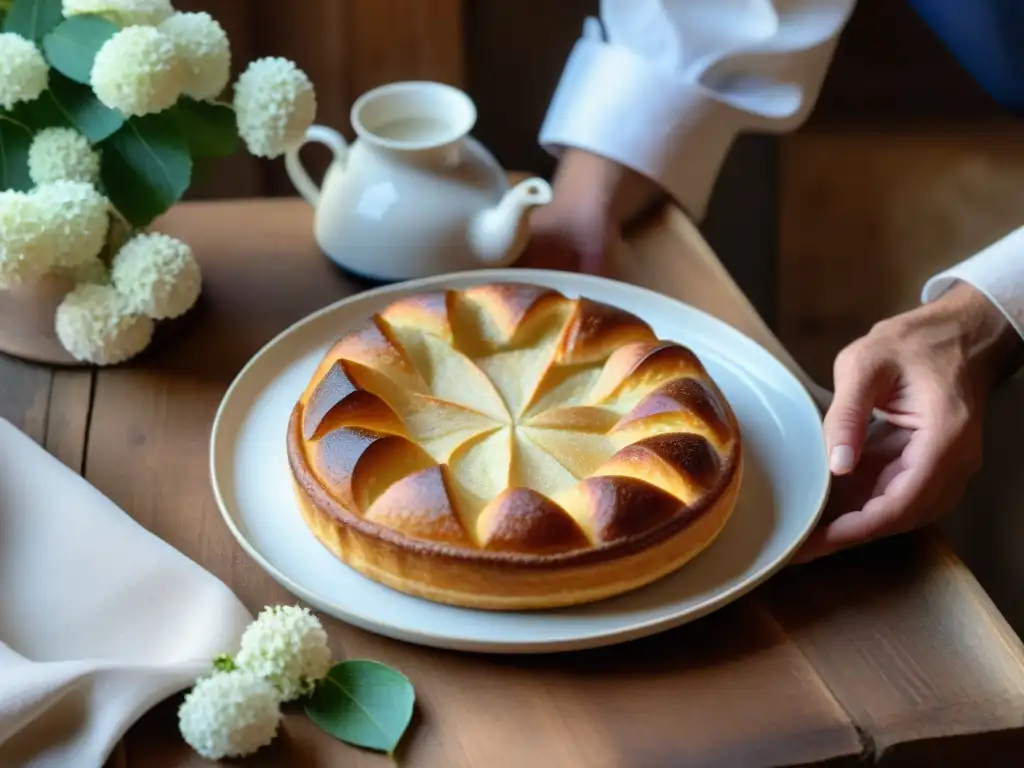 Una deliciosa Receta auténtica KouignAmann mantequilla: capas doradas y escamosas con azúcar caramelizado, chef colocando en plato de porcelana