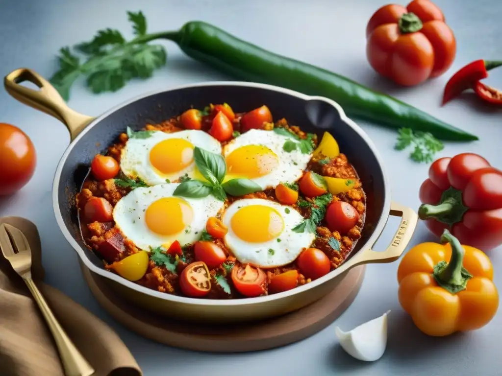 Deliciosa receta auténtica shakshuka casera con tomates, huevos, pimientos y especias, decorada con hierbas frescas y queso feta