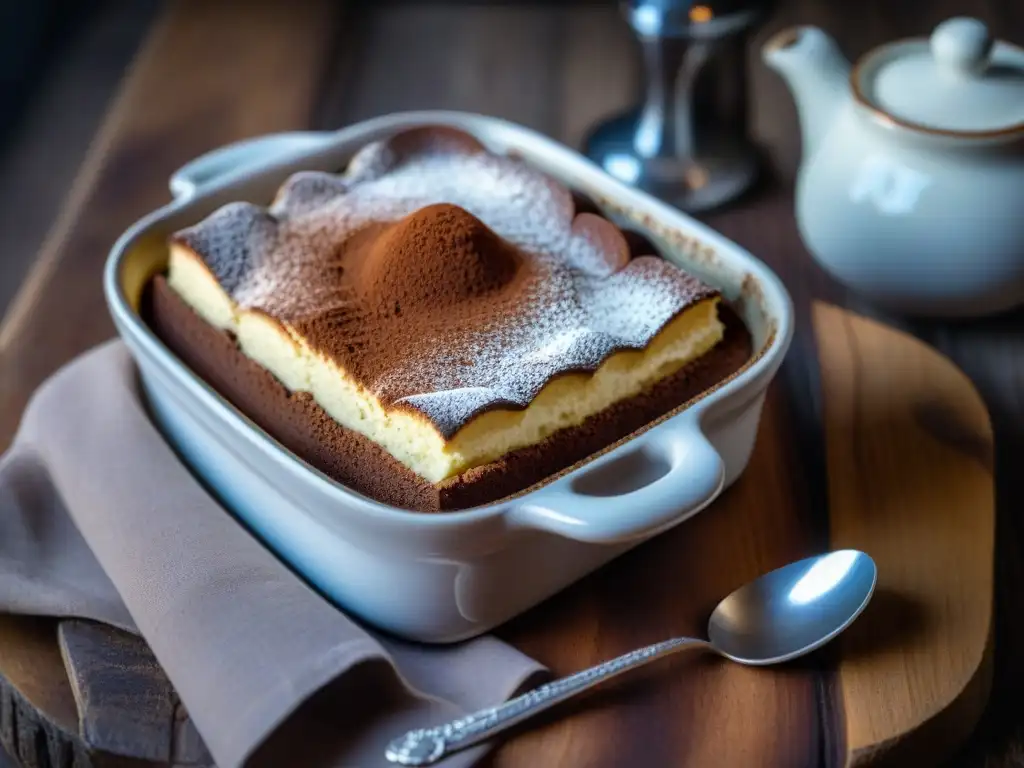 Deliciosa receta auténtica tiramisú italiano en plato de cerámica, con capas de bizcochos, crema mascarpone y cacao