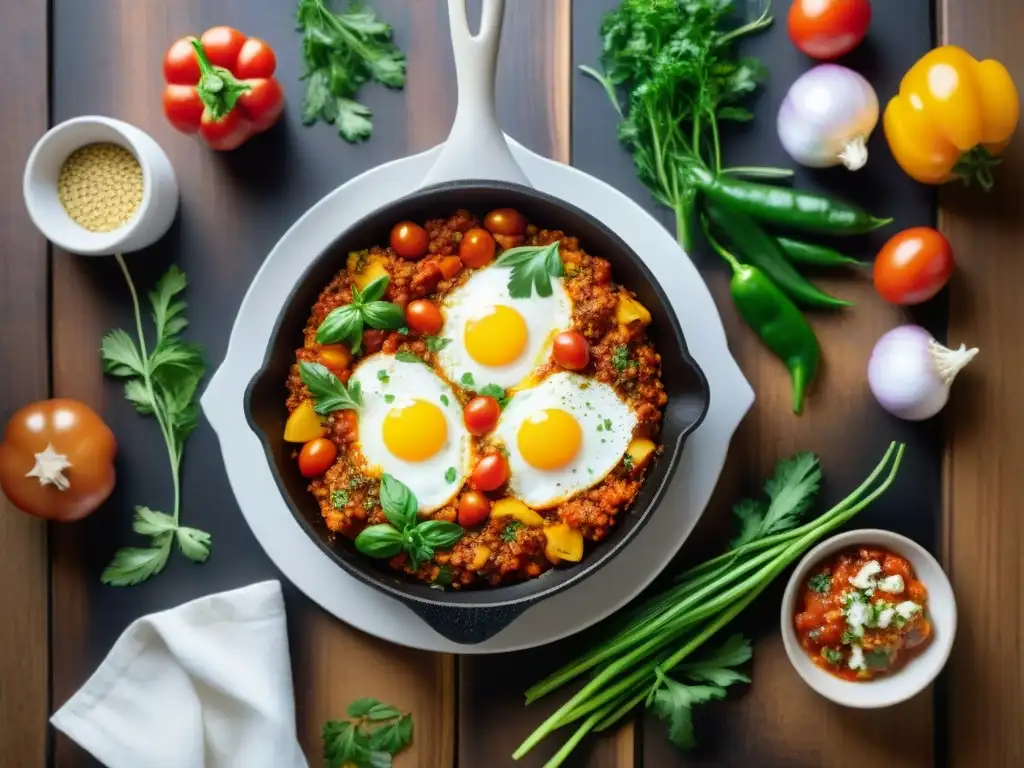 Deliciosa receta auténtica shakshuka casera en sartén vibrante y humeante con ingredientes frescos