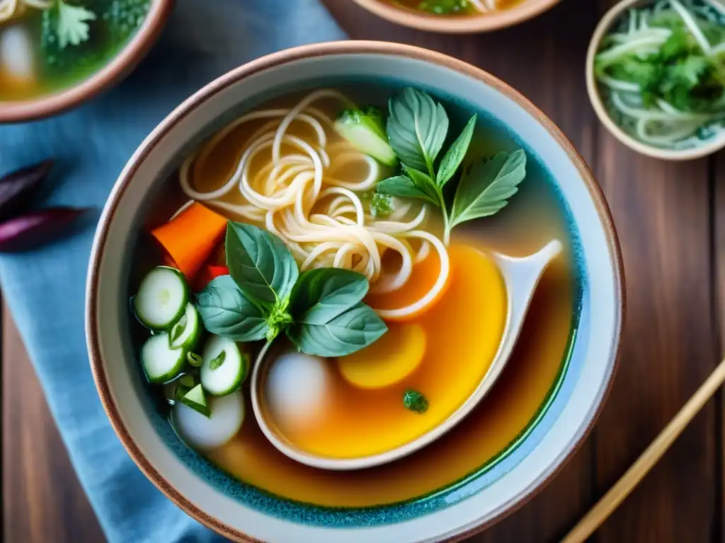 Una deliciosa sopa asiática para disfrutar: un tazón humeante con ingredientes vibrantes y detalles intrincados en un ambiente acogedor y relajante