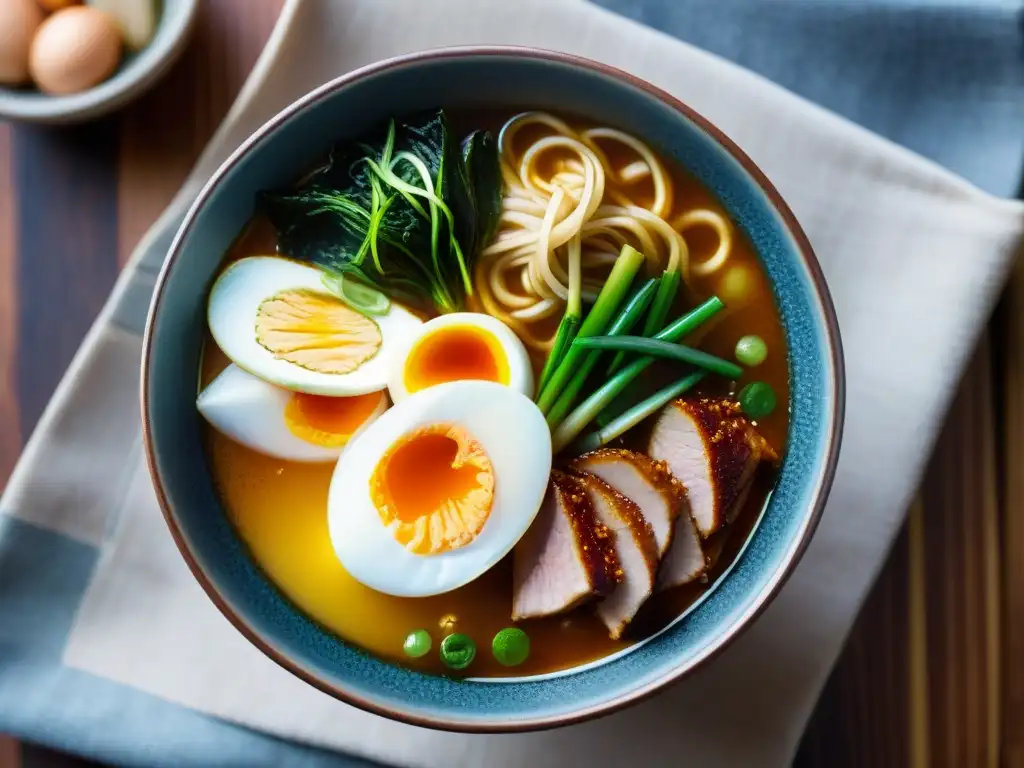 Una deliciosa sopa de ramen japonesa con fideos, cerdo chashu, huevo, algas y cebollino