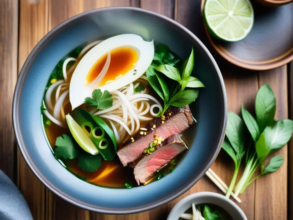 Una deliciosa sopa de pho vietnamita con carne, hierbas frescas y limón