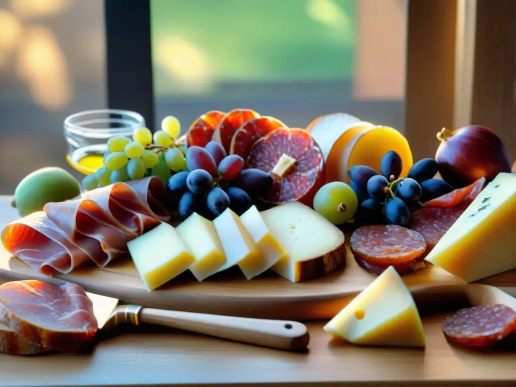 Una deliciosa tabla de embutidos artesanales gourmet preparada con esmero, bañada por la cálida luz del sol