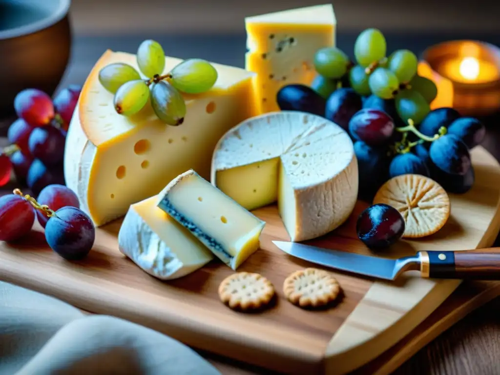 Una deliciosa tabla de quesos gourmet con frutas y miel, en un ambiente elegante