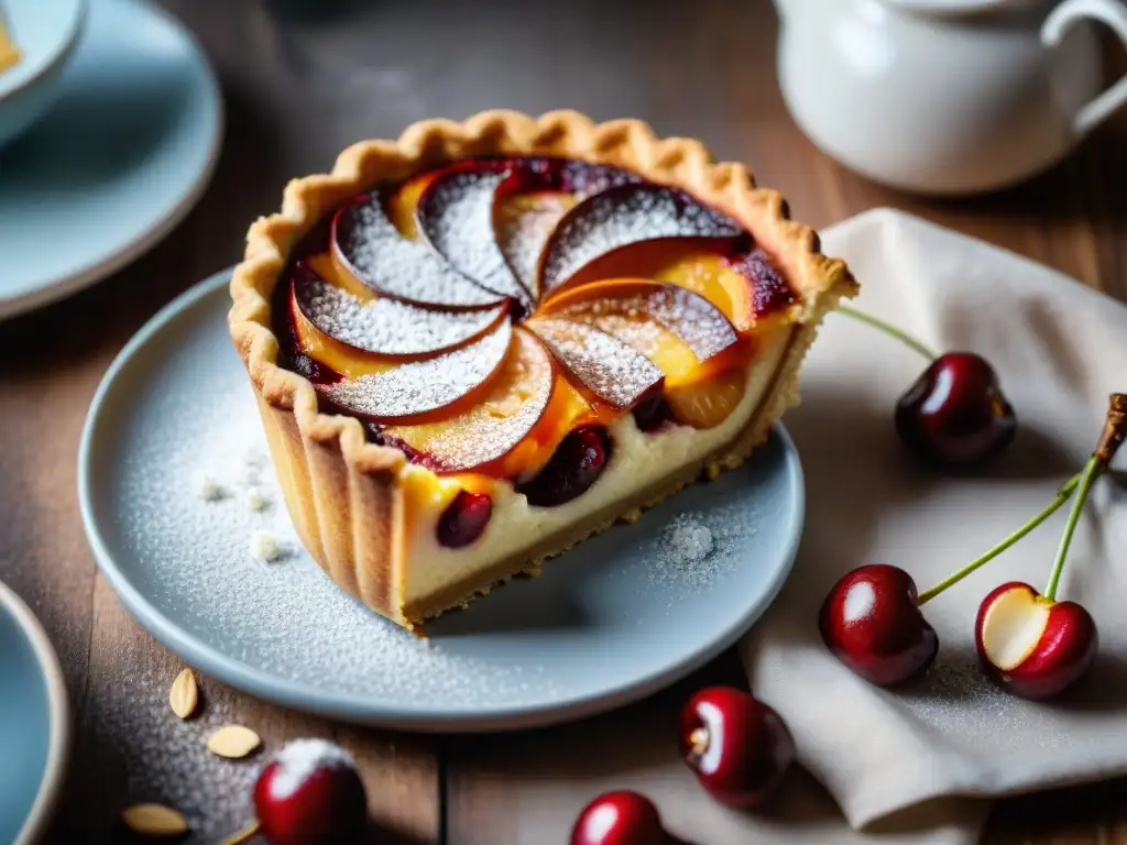 Una deliciosa tarta de frangipane recién horneada con almendras, cerezas jugosas y un toque de azúcar glas