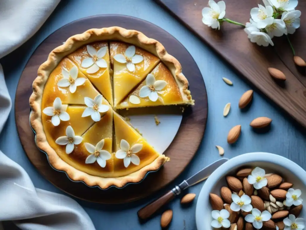 Deliciosa tarta frangipane recién horneada con crema de almendra, almendras y flores de almendro en mesa rústica