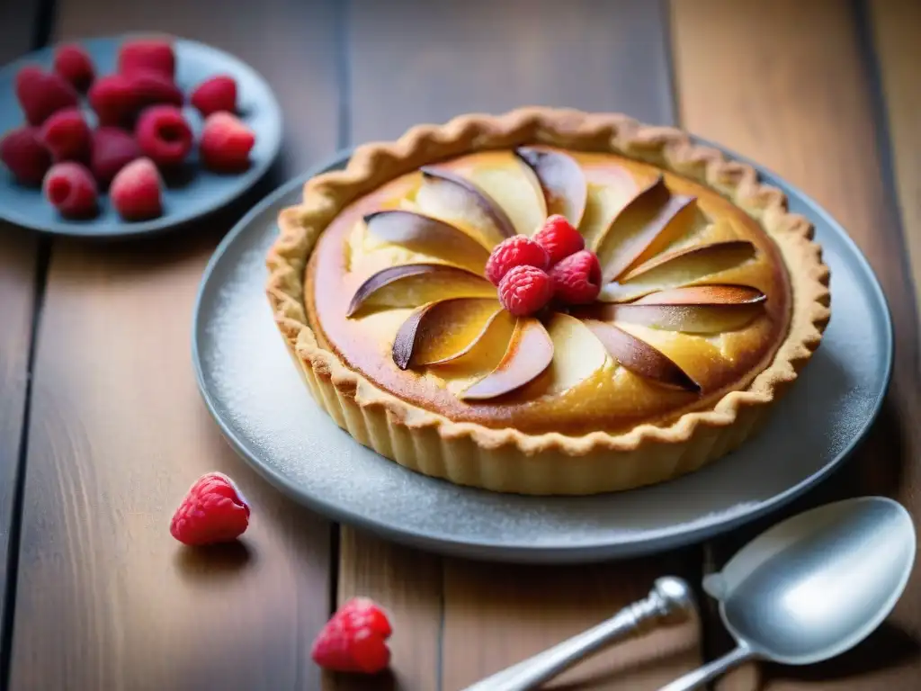 Deliciosa y tentadora tarta Frangipane dorada con almendras gourmet, decorada con frambuesas frescas y azúcar glass