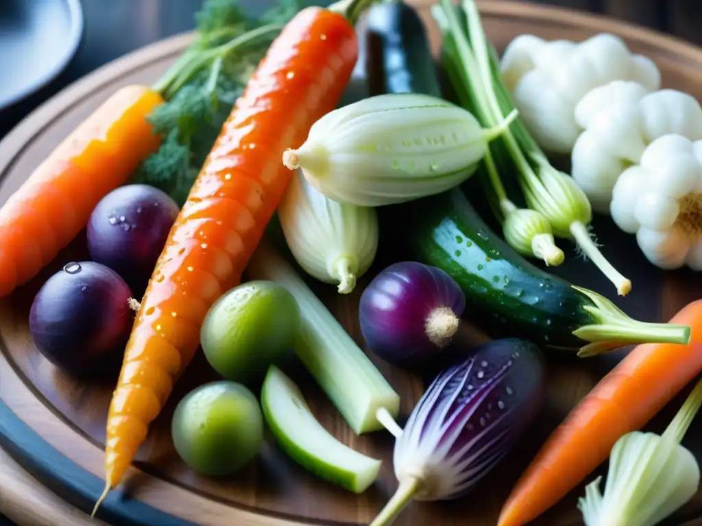 Una deliciosa variedad de encurtidos coloridos en un plato rústico, resaltando los Beneficios de encurtidos para salud