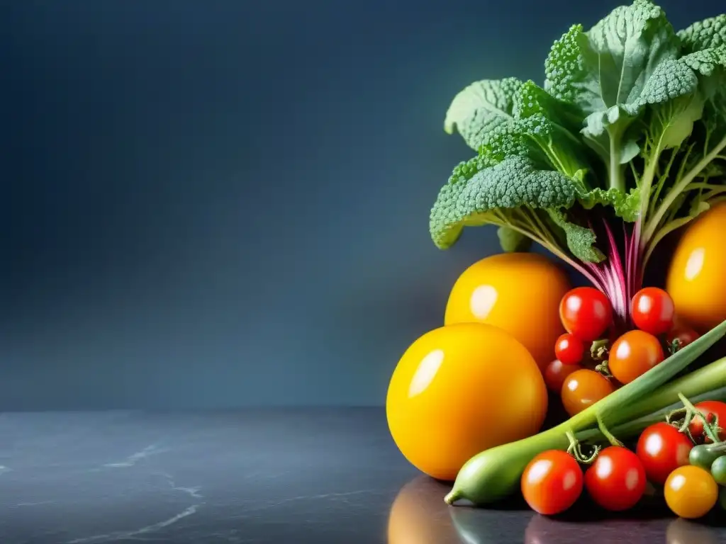 Deliciosa variedad de frutas y verduras con vinagre balsámico en cocina moderna