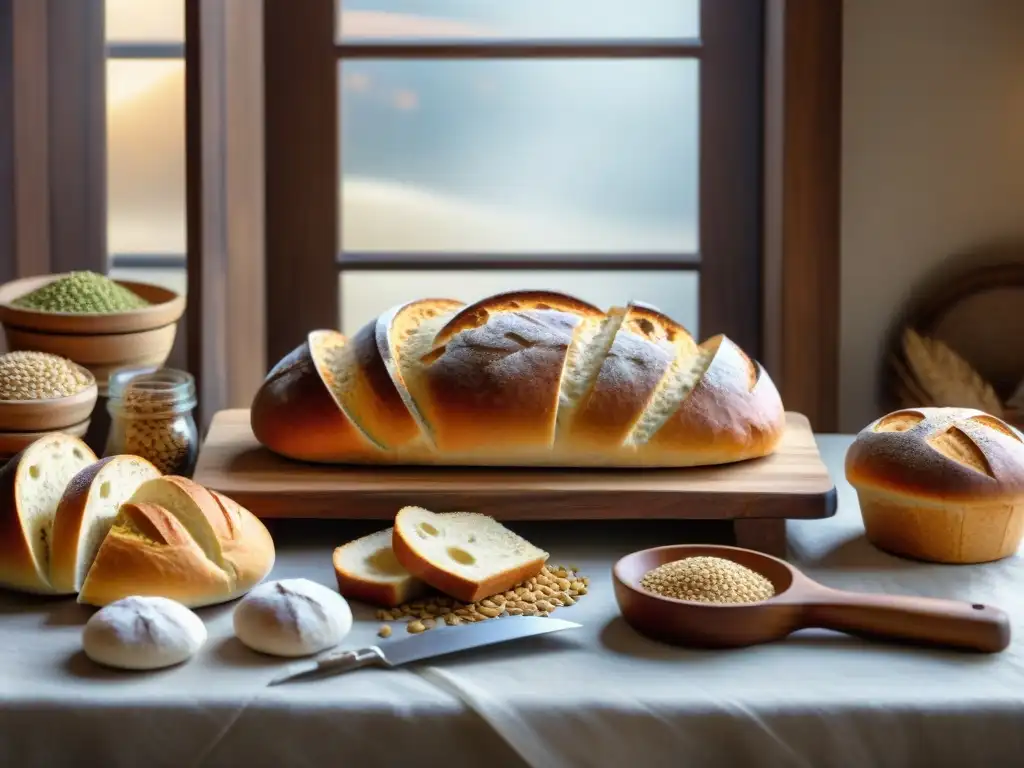 Deliciosa variedad de pan de centeno artesanal gourmet sobre mesa de madera rústica en panadería acogedora