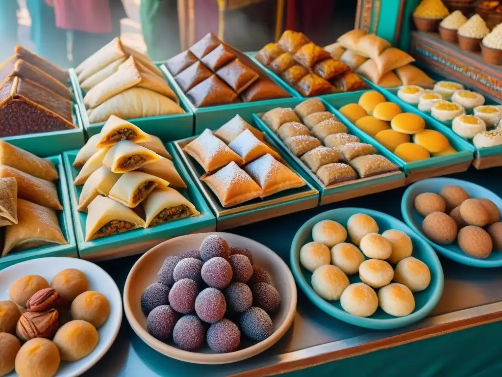 Deliciosa variedad de postres africanos tradicionales gourmet en un colorido puesto de mercado en Marruecos