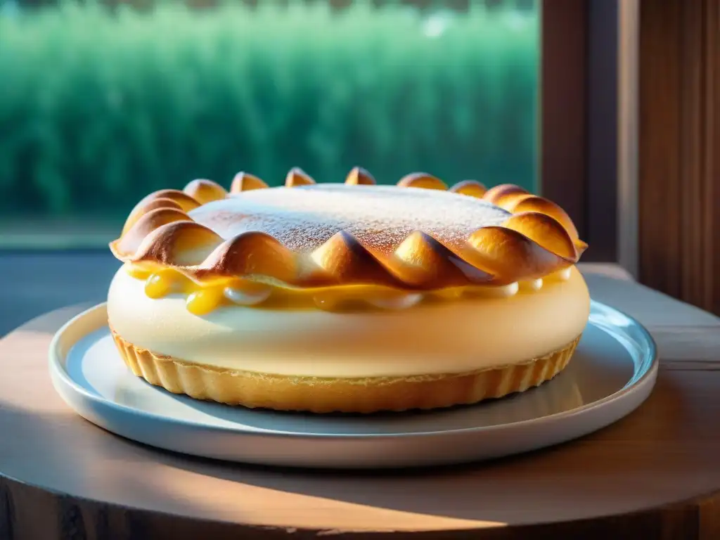 Deliciosa Tarte Tropézienne en verano francés: brioche dorado, crème mousseline y cristales de azúcar, iluminada por el sol