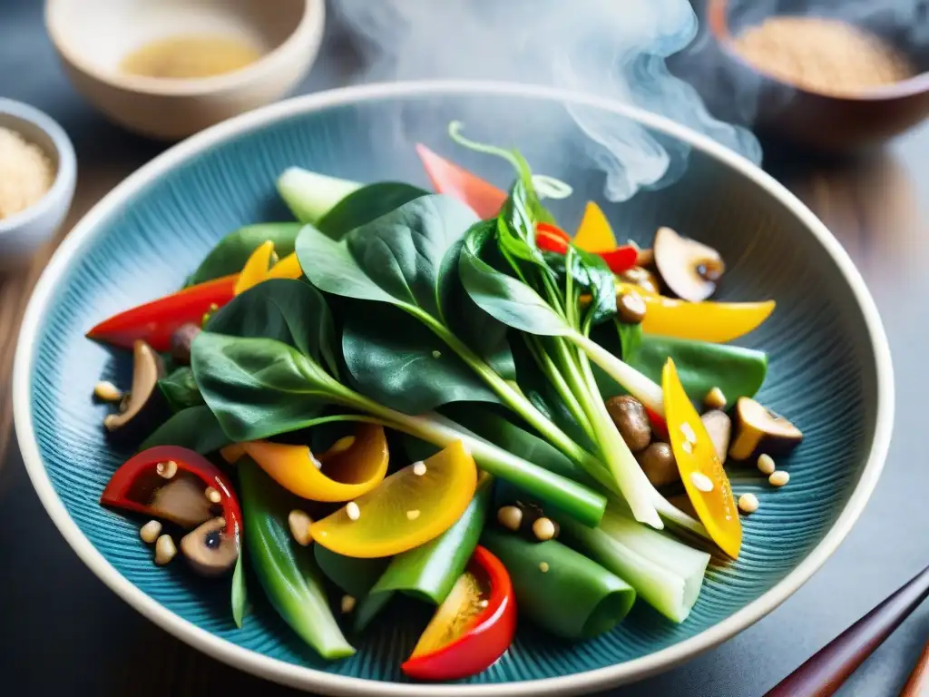 Una deliciosa y vibrante cocina asiática vegetariana en un wok, con verduras frescas y coloridas goteando salsa, ¡irresistible!