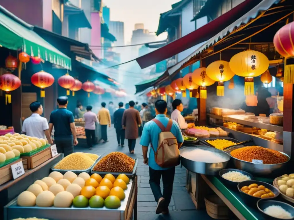 Deliciosa vista de un bullicioso mercado de postres callejeros en Asia, con una variedad de dulces y coloridas delicias