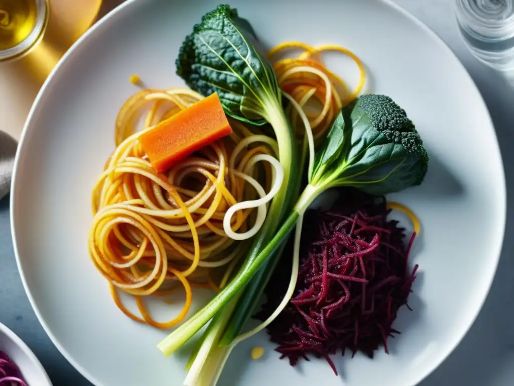 Deliciosas espirales de verduras en un plato blanco, resaltando su frescura y texturas, ideal para recetas espaguetis gourmet sin harina