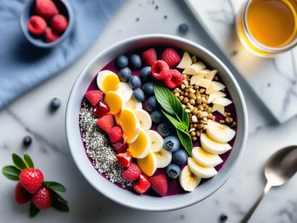 Delicioso Acai Bowl con bayas frescas, semillas de chía y miel, sobre elegante encimera de mármol