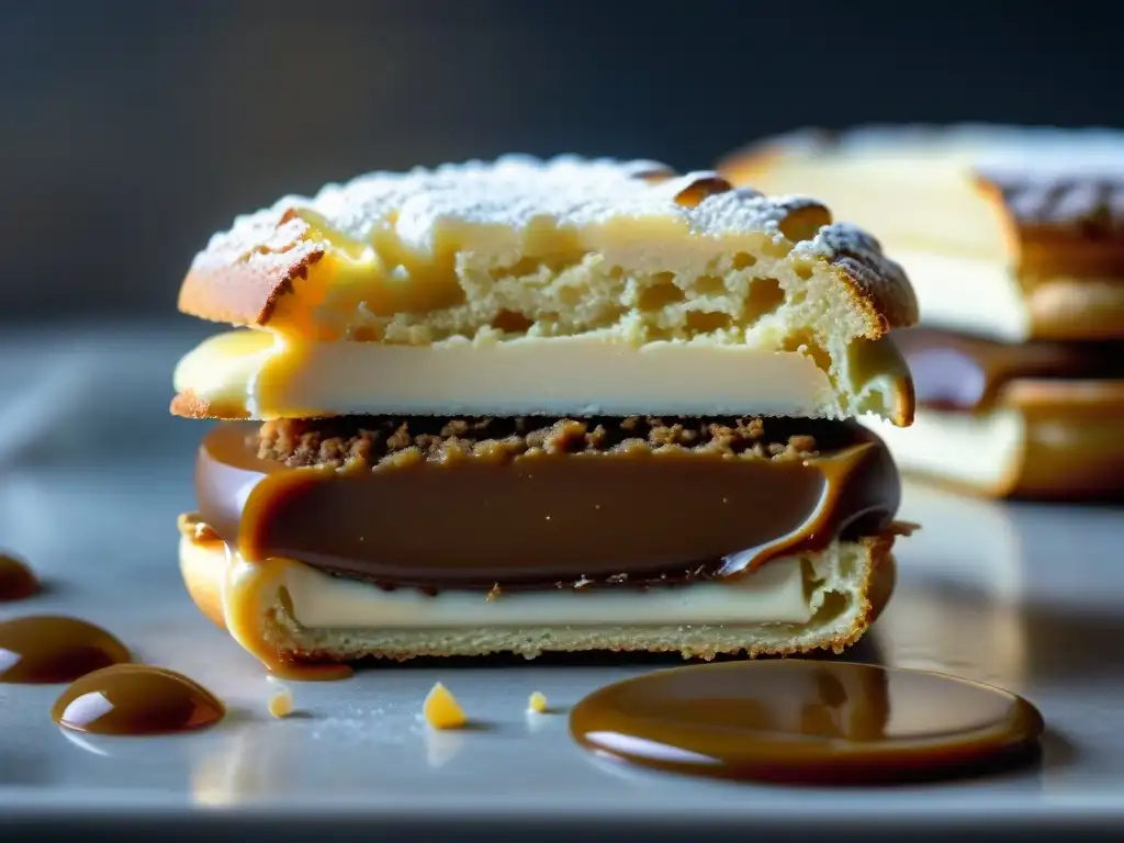 Delicioso alfajor argentino recién horneado con dulce de leche, ¡una tentación para los amantes de la receta de alfajores argentinos dulce leche!