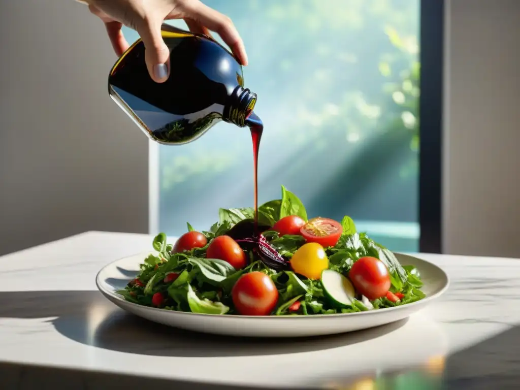 Delicioso vinagre balsámico realza una ensalada colorida en una cocina moderna