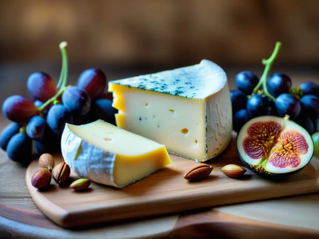 Delicioso banquete de quesos artesanales rodeados de uvas, higos y nueces en tabla de madera