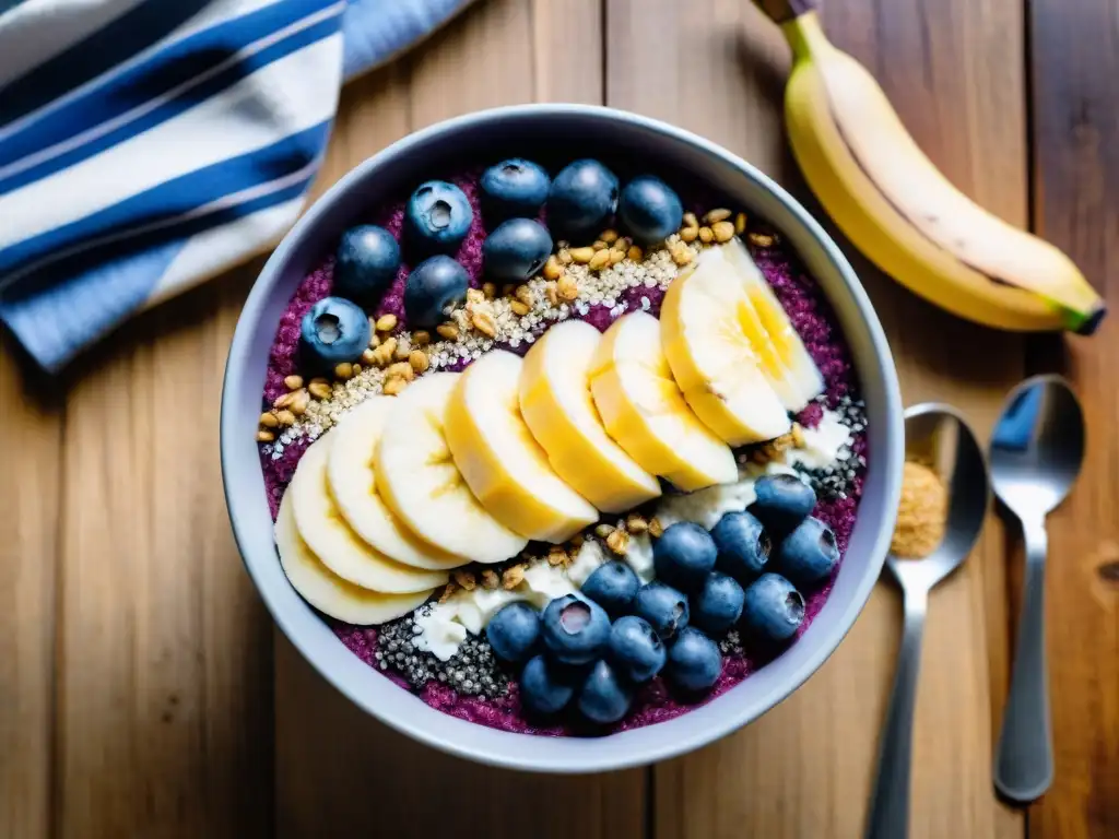 Un delicioso bol de açai con arándanos, plátano, chía y coco sobre madera rústica