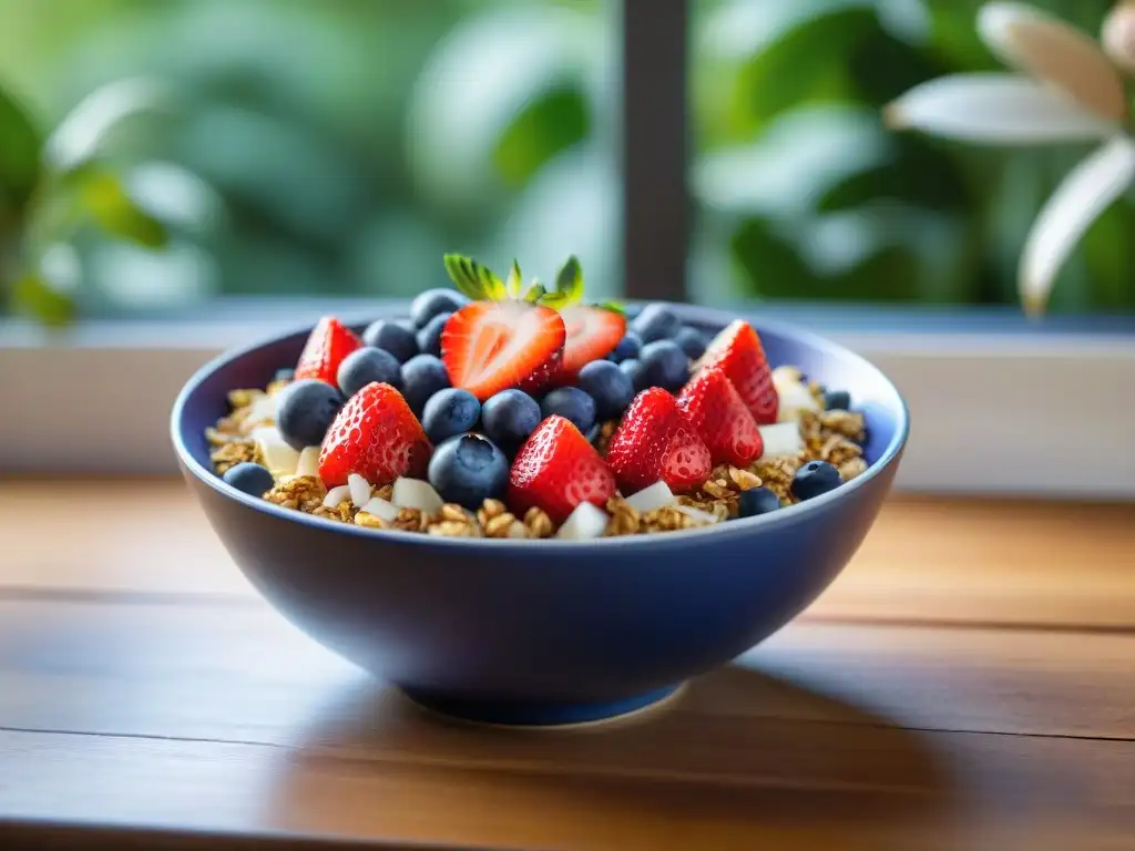 Un delicioso bowl de açaí con fresas, arándanos, granola y coco, en una mesa rústica con vegetación de fondo