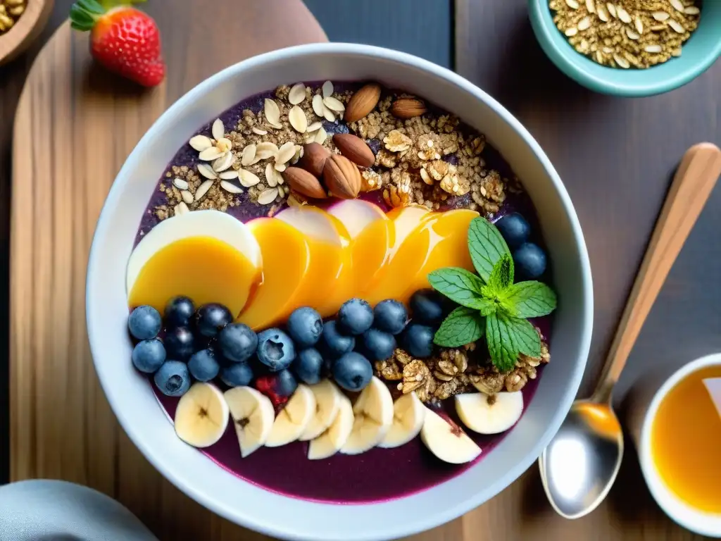 Un delicioso bowl de açai con frutas y miel sobre mesa rústica