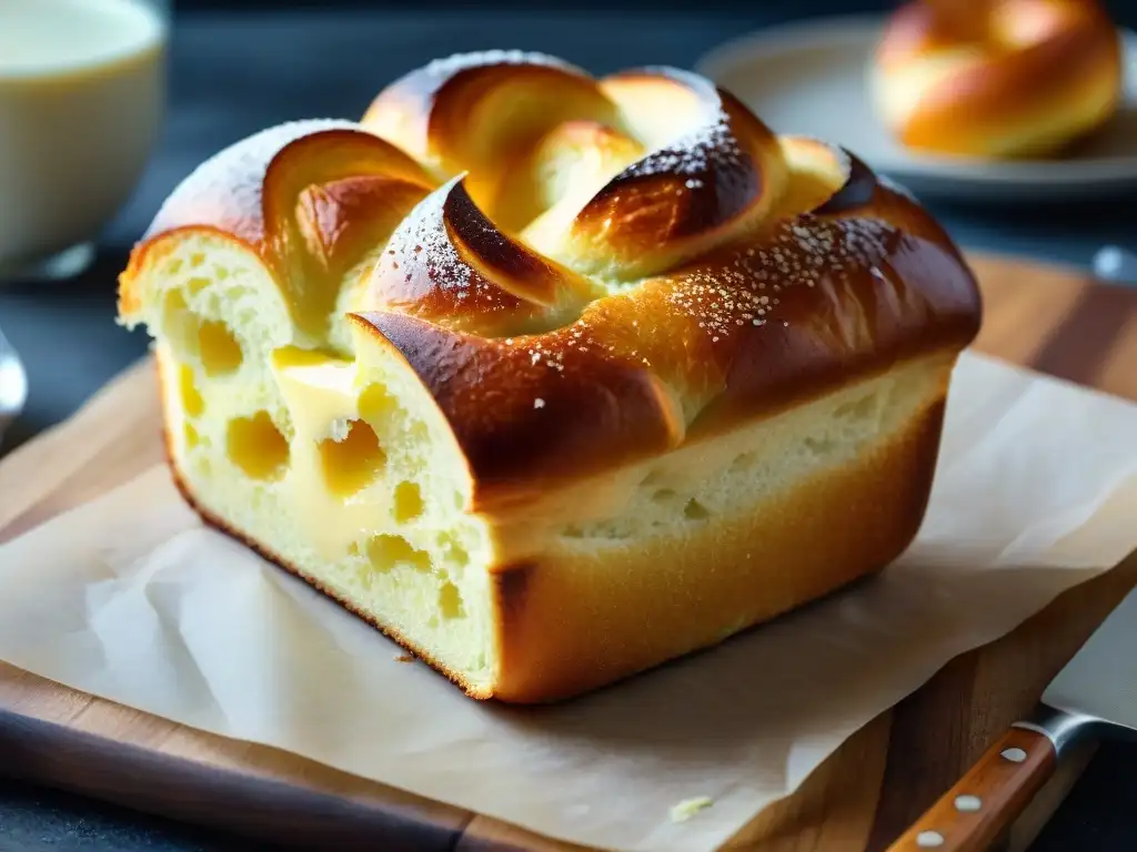 Delicioso brioche desayuno francés: un brioche recién horneado con azúcar glass y mantequilla derretida sobre tabla de madera