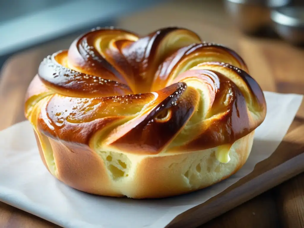 Un delicioso brioche de desayuno francés recién horneado con mantequilla derretida, bañado en azúcar glass, sobre tabla de madera rústica