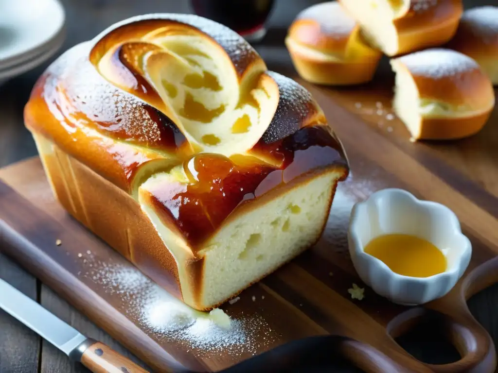 Un delicioso brioche dorado recién horneado en tabla rústica con mantequilla, mermelada y azúcar glas