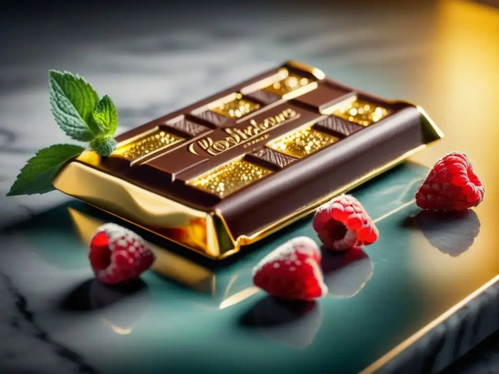 Delicioso chocolate artesanal edición limitada gourmet, envuelto en oro, con frutas y menta