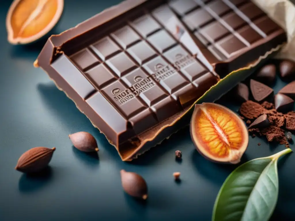 Delicioso chocolate oscuro artesanal: granos de cacao rodeados de exquisito chocolate, destacando sus beneficios antioxidantes