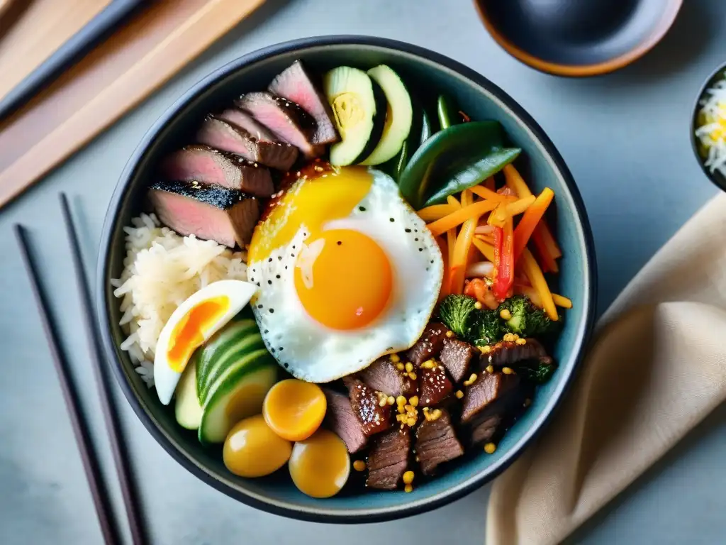 Un delicioso bibimbap coreano en un bol negro, con sabores audaces y colores vibrantes, rodeado de guarniciones, sobre una mesa de madera