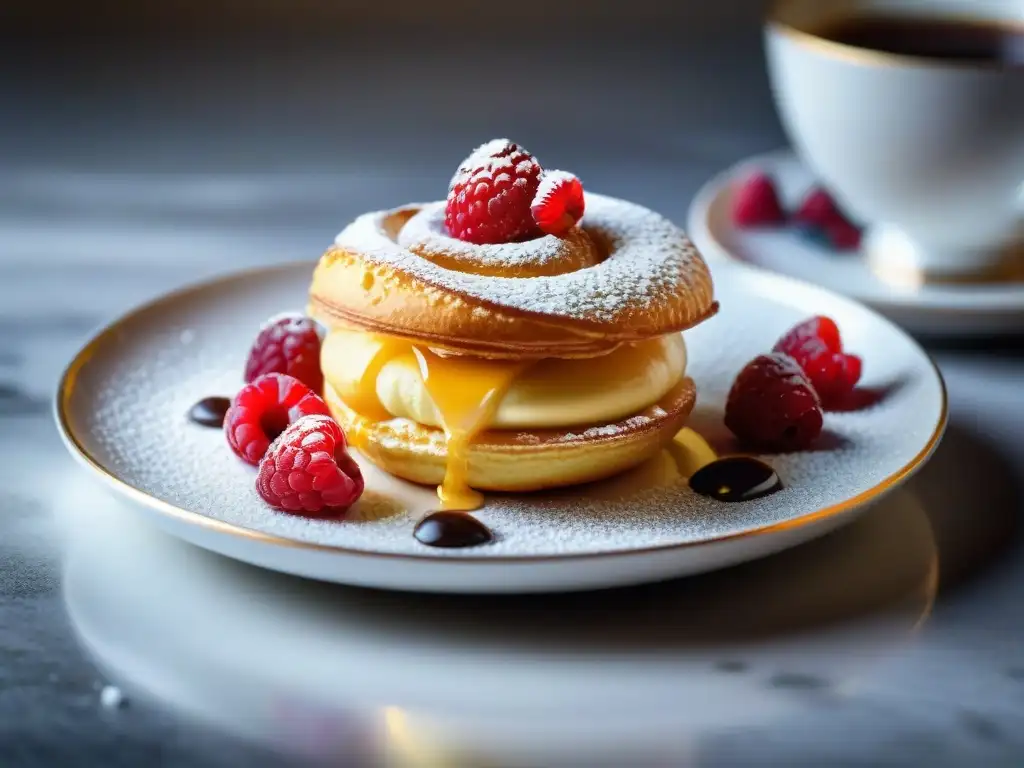 Delicioso choux à la crème con placeres franceses, en un entorno de pastelería encantadora