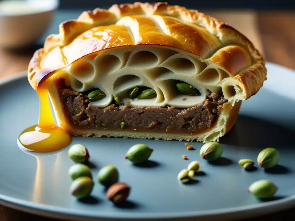 Delicioso pâté en croûte gourmet receta: un festín visual de exquisita masa dorada y relleno de carnes, hierbas y pistachos