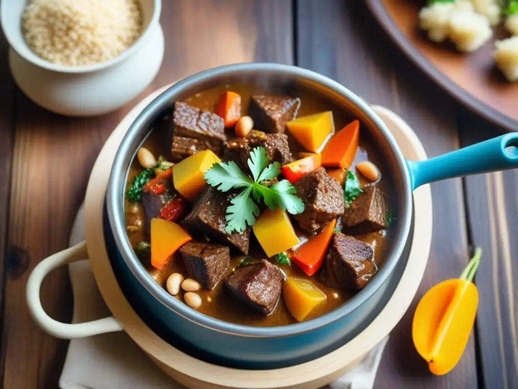 Delicioso estofado africano maafe casero, con carne tierna, salsa de maní y verduras, en una olla humeante sobre mesa de madera rústica