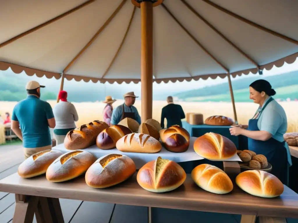 Delicioso festival de panadería artesanal con panes, pasteles y pastelería colorida bajo un toldo iluminado, con festivaleros felices