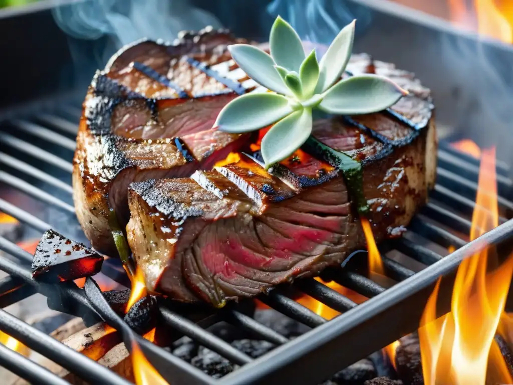 Delicioso filete marinado en la parrilla con vegetales, goteando jugos y hierbas aromáticas