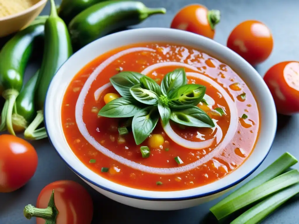 Delicioso Gazpacho Andaluz veraniego en un bol, con tomate, pepino, pimiento, cebolla, aceite de oliva y perejil