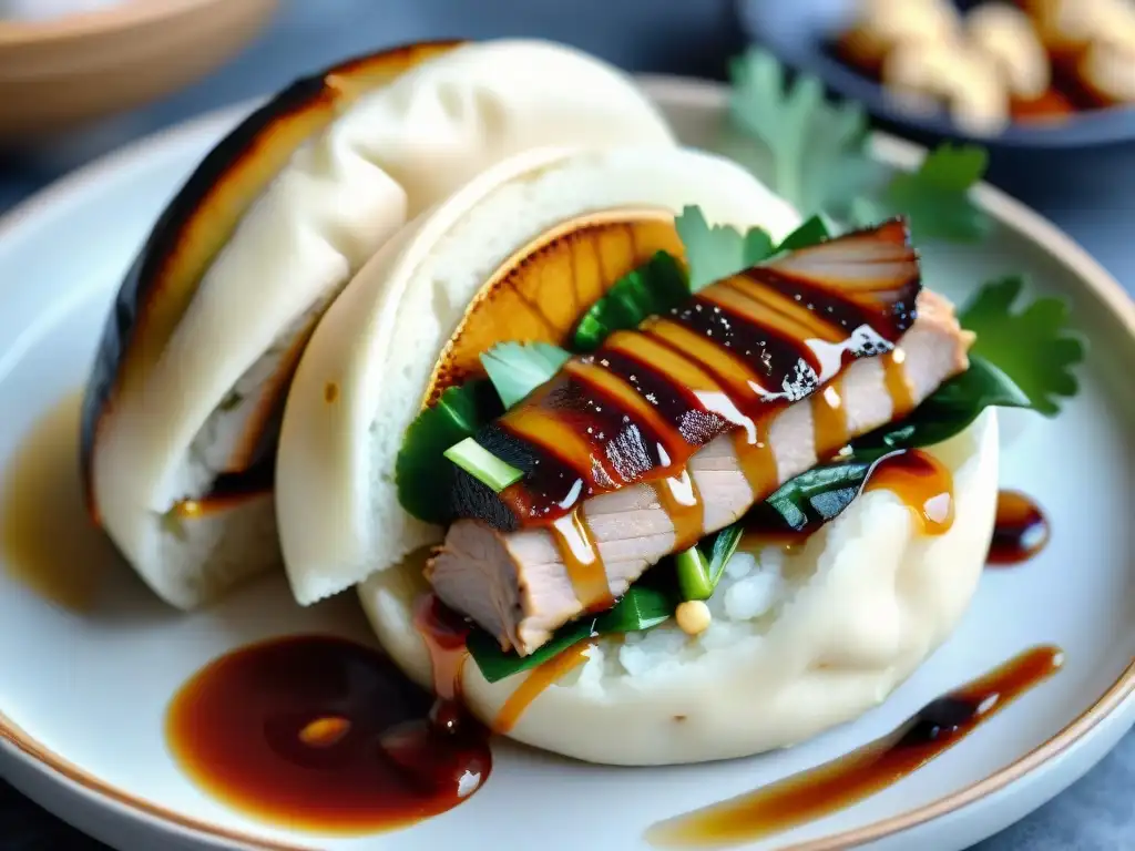 Delicioso Gua Bao Taiwán mundo gourmet: jugoso cerdo, maní, hoisin y berza sobre un tierno y esponjoso pan blanco al vapor