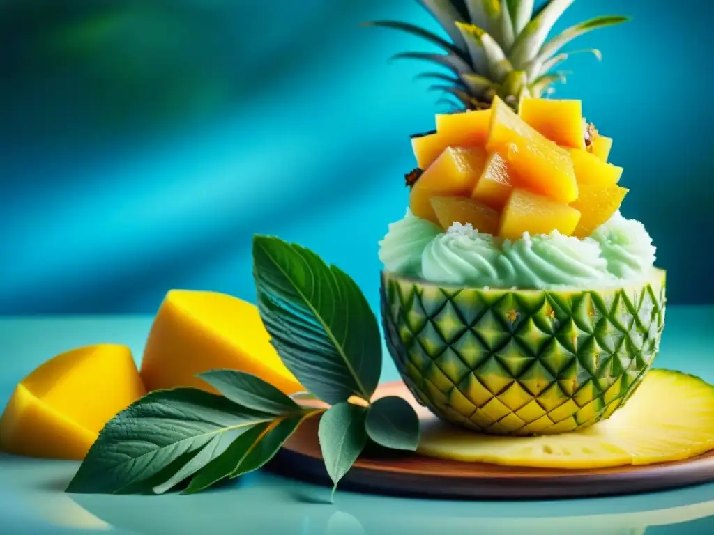 Delicioso helado de sorbete tropical en piña con hojas de menta y coco tostado