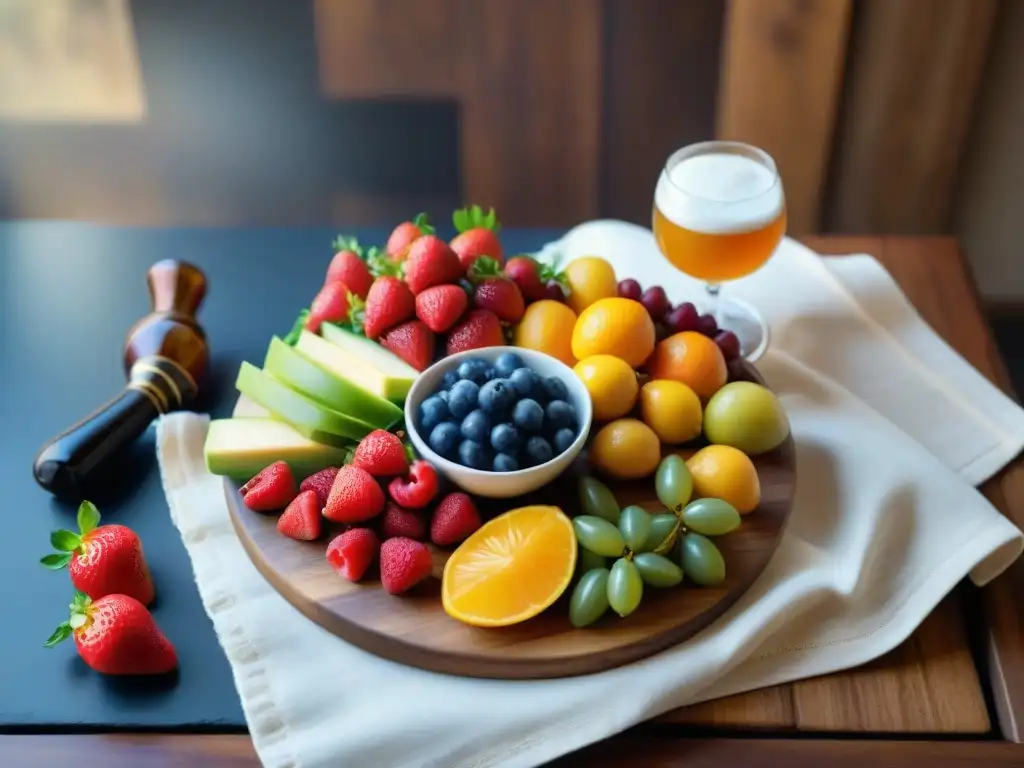 Un delicioso maridaje de cervezas artesanales de frutas con una tabla de embutidos y frutas frescas, en una elegante composición gourmet